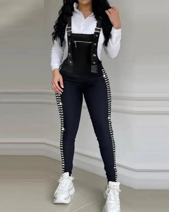 2023 Fashion Trend New Women's Casual Rhinestone Decorative Belt Strap Jumpsuit
