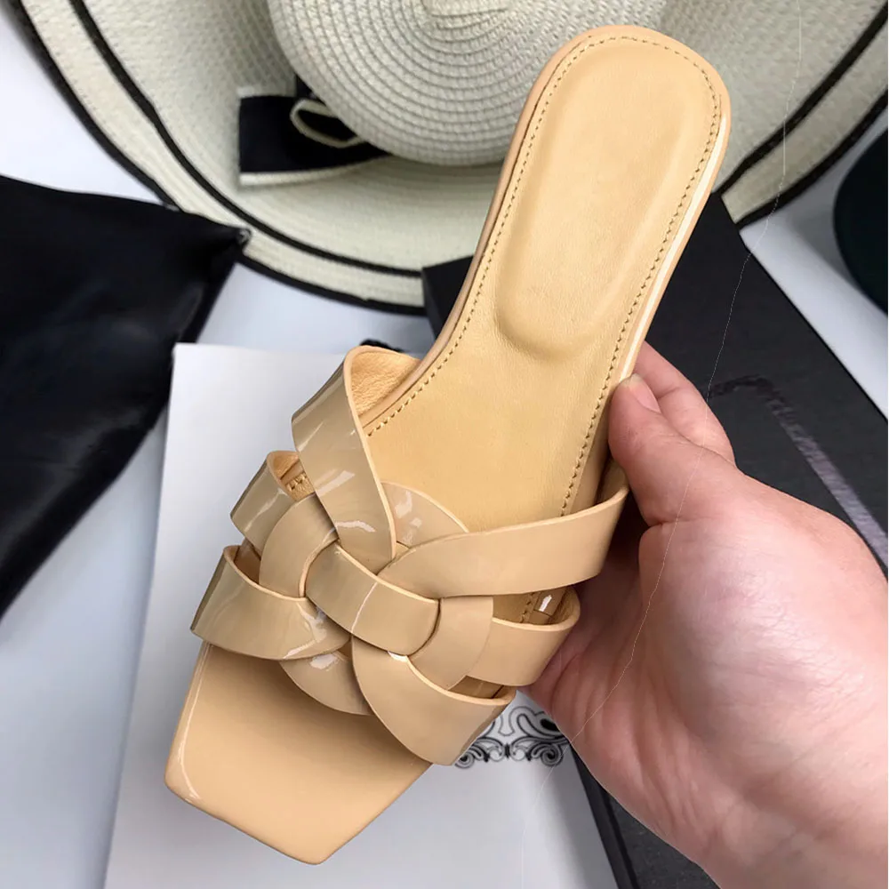 

luxury Designer Weave Women Slippers Runway Brand Square Open Toe Flat Shoes Ladies Summer Casual Beach Sasual Outerwear Sandals