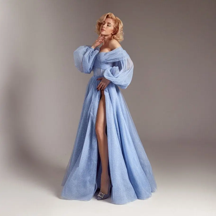 

Light Blue Glitter Evening Dresses Sweetheart Off the Shoulder Long Sleeve Prom Dress with Slit Maxi Party Gown vestido de novia