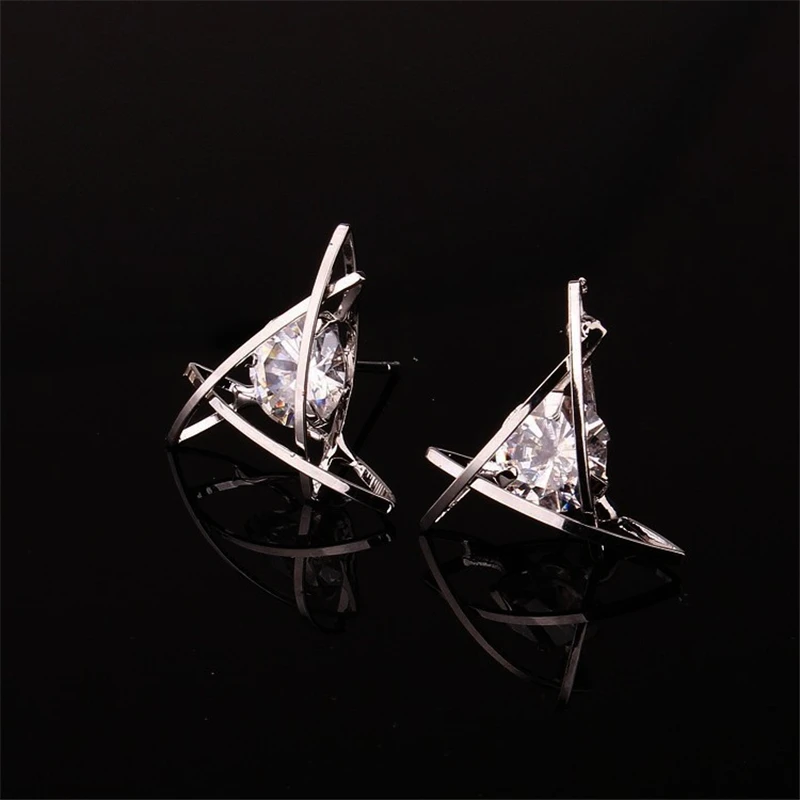 

Korean Creative Hollow Zircon Three-dimensional Triangle White Crystal Stud Earrings for Women Statement Ear Jewelry Gifts