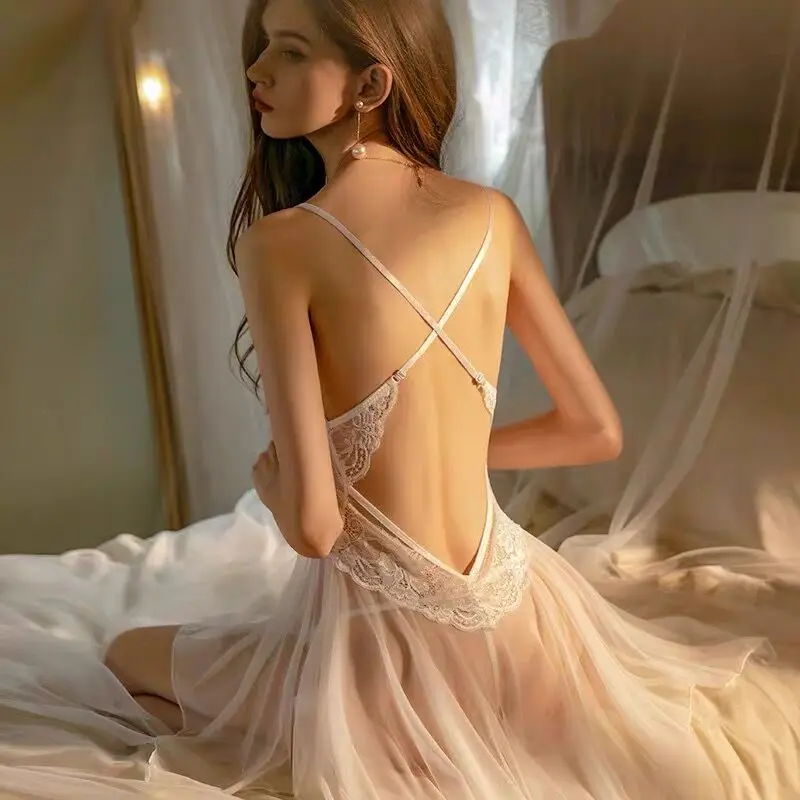 

Asymmetry See Through Nighty Romantic Dating Bride Nightwear Night Gown Dress Hot Lingerie Eye Catching Teddy Sleeping Shirts