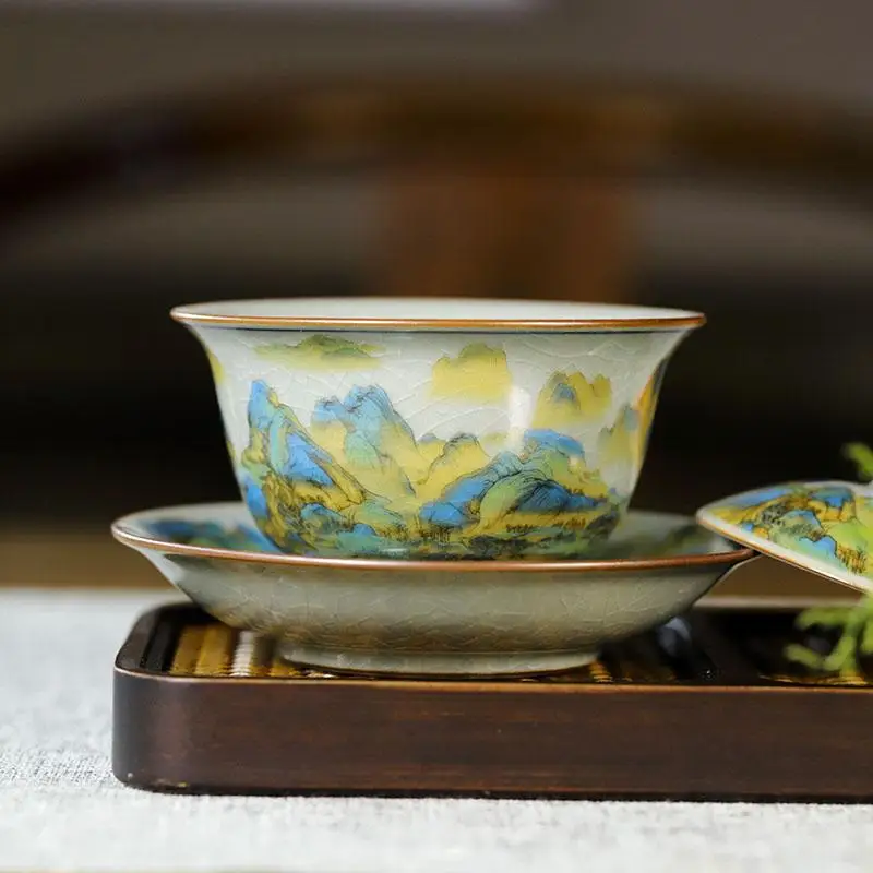 Jingdezhen Old Clay Tureen Pastel Thousand-Li Landscape Gaiwan Ceramic Blue and White Tea Bowl Gracked Glaze Supportable
