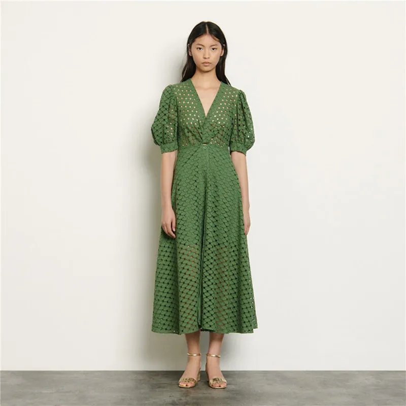 

New Summer Dress for Women Sandro Fashion Bubble Sleeve Hollow-out Short Sleeve Dress Spring Summer Casual Sandro Dresses Woman