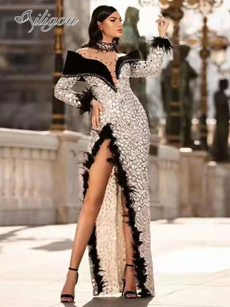 

Ailigou 2022 женское роскошное облегающее вечернее платье знаменитости с длинным рукавом, открытыми плечами, бисером, блестками и перьями для ве...