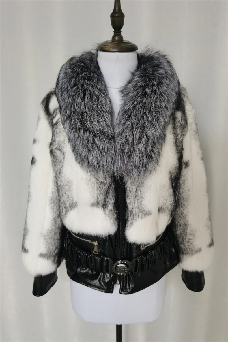 New Winter Women Real Rex Rabbit Fur Coat Leather Jacket Natural Angora Rabbit Fur Outerwear Large Fox Fur Collar Thick Warm Zip