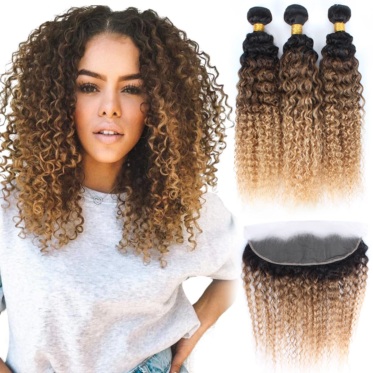 Bundles With Frontal Curly Wave Human Hair Extensions Ombre Brazilian Human Hair Weave Bundles With Closure Blonde Brown Remy