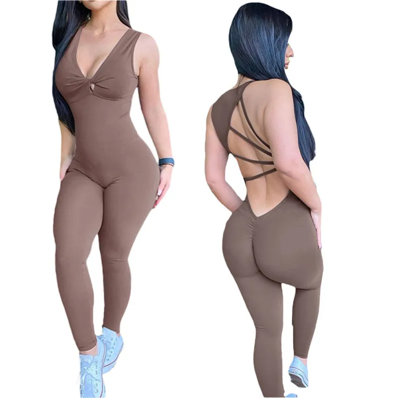 

Women's Spring Long Fitness Jumpsuit Rompers Casual Solid Color Sleeveless Backless Sports Bodysuit Long Pants for Ladies Y2K