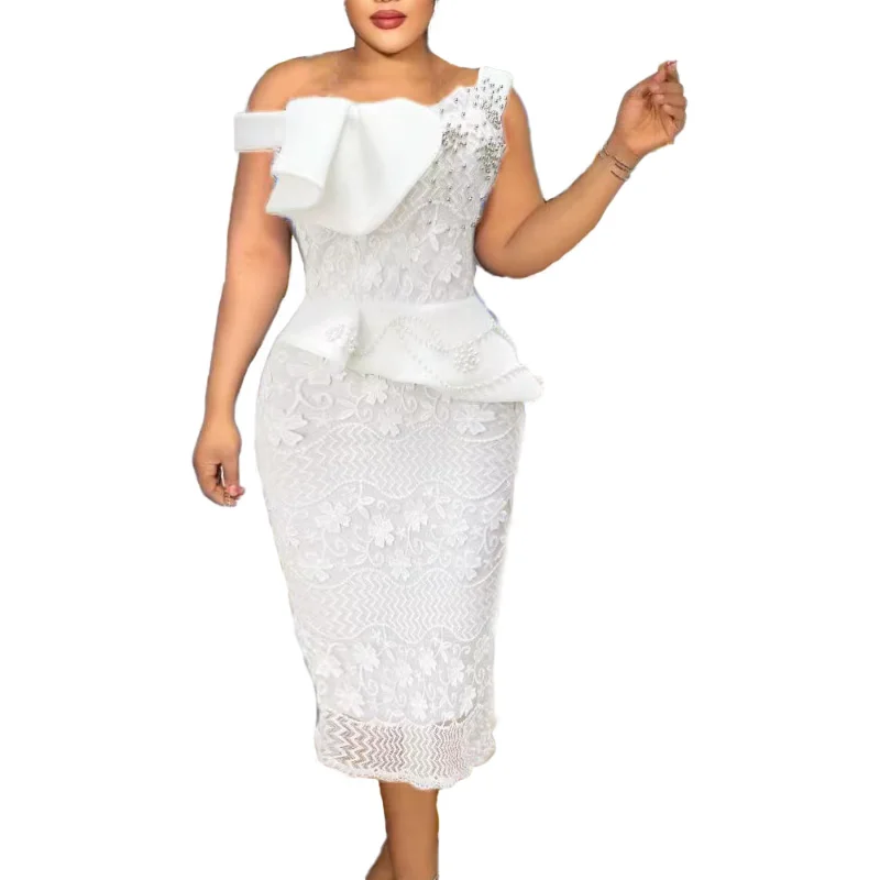 

Summer Elegant African Women Sleeveless Polyester Lace Knee-length Dress African Wedding Party Dresses for Women