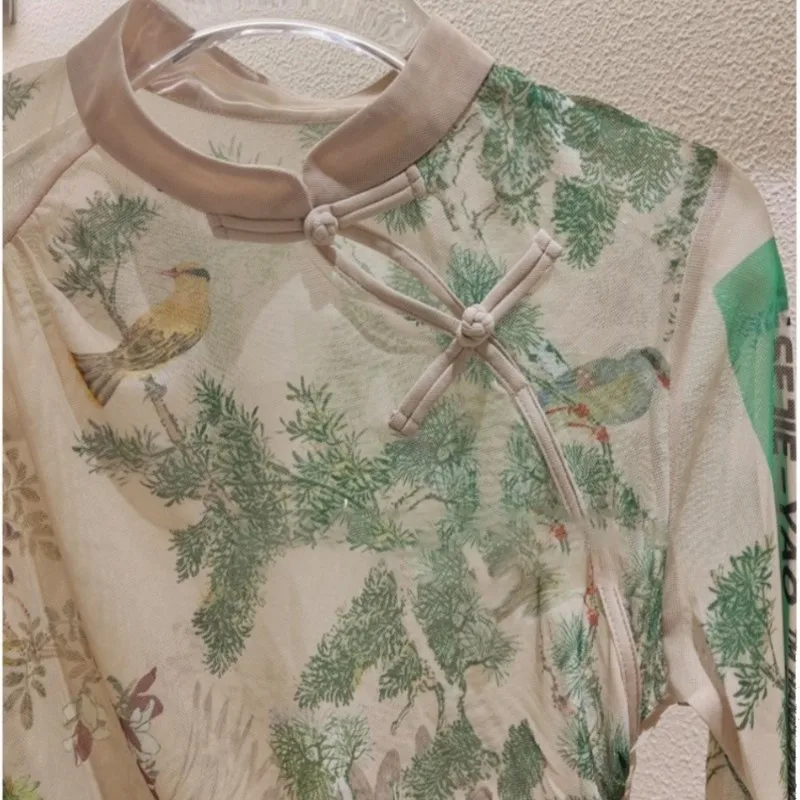 Китайский стиль воротник-стойка длинный рукав топ на пуговицах с цветочным