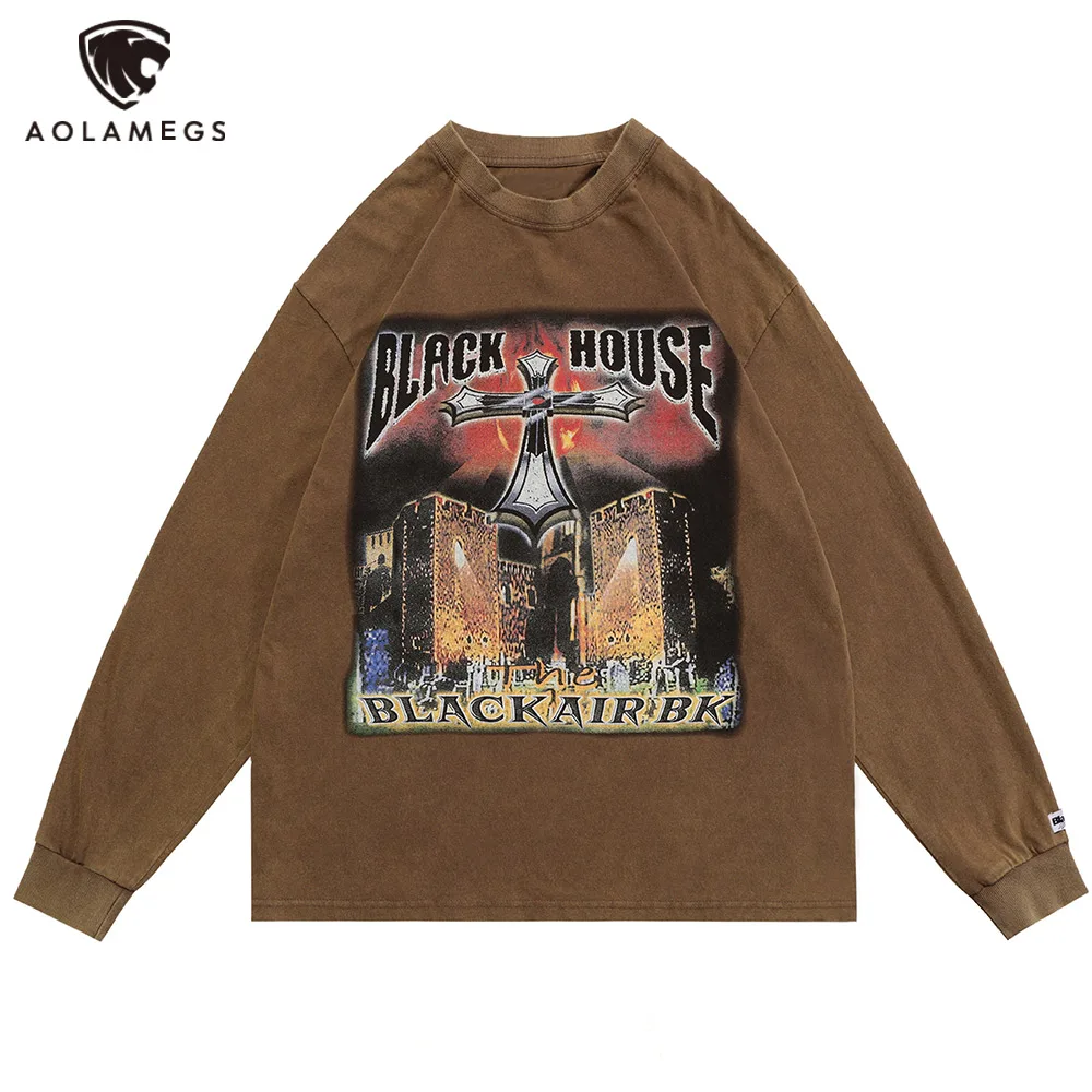 

Aolamegs Men Oversized Sweatshirt Landscape Graphic Cross Print Long Sleeves Pullover Fashion Unisex Hip Hop High Street Clothes