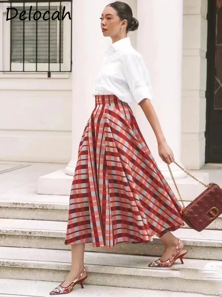 

Delocah High Quality Spring Women Fashion Runway 2 Pieces Sets Half Sleeve White Shirts + High Waist Plaid Print Skirts Suits