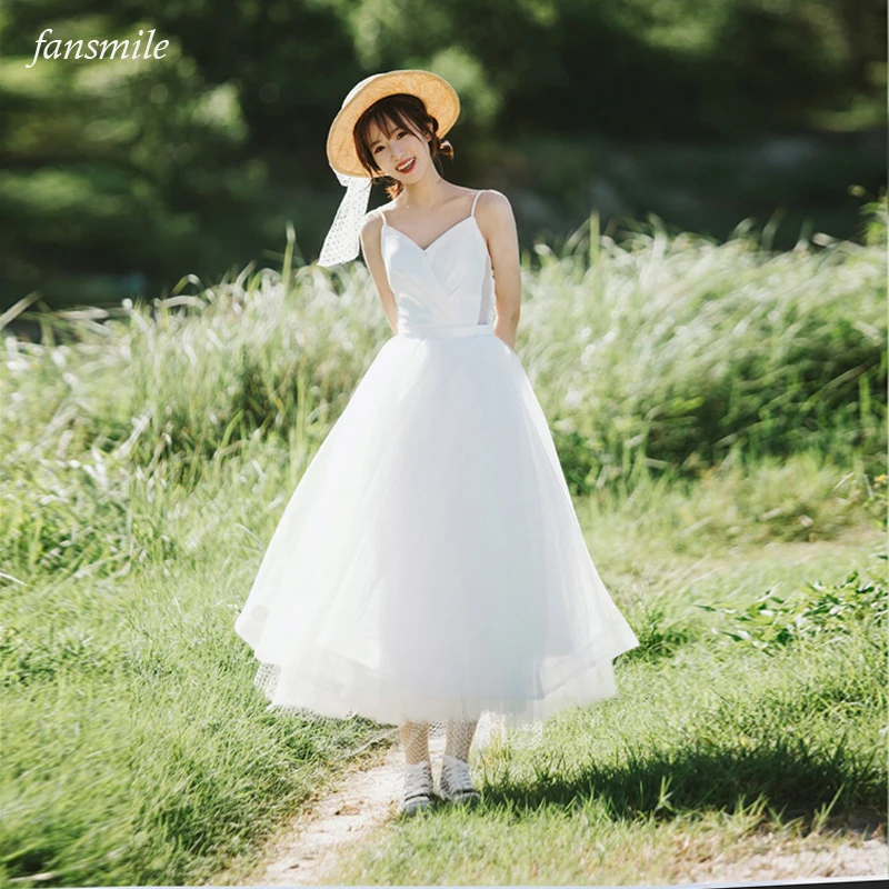 

Fansmile V-neck Spaghetti Straps Vestidos de Novia Tulle Wedding dress 2022 Short Bride Gown FSM-224F