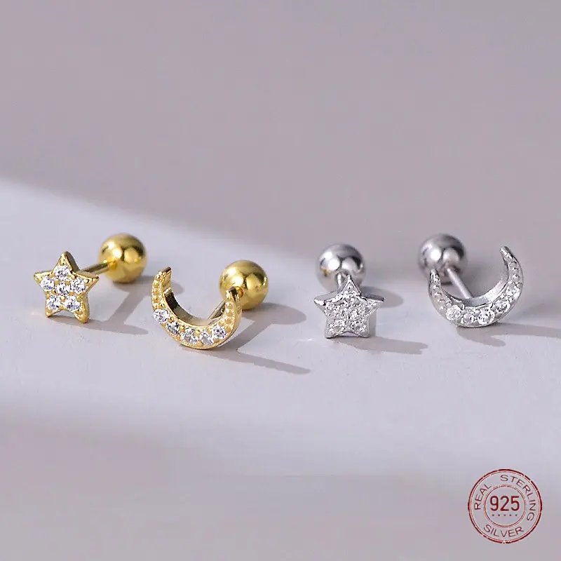 

925 Sterling Silver Asymmetrical Stars and Moon Stud Earrings for Women Girl Students Cute Zircon Small Earring Luxury Jewelry
