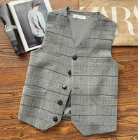 2022 british vintage grid vest plaid mens slim suit vests woolen cloth herringbone male tweed suits waistcoat plus size xxxxl