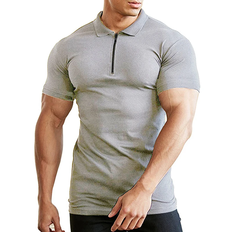 

Muscle Polo Shirt Men Clothing Zipper Turndown Collar Short Sleeve Summer Top Slim Fitness Gym Sports Polo Shirts Top