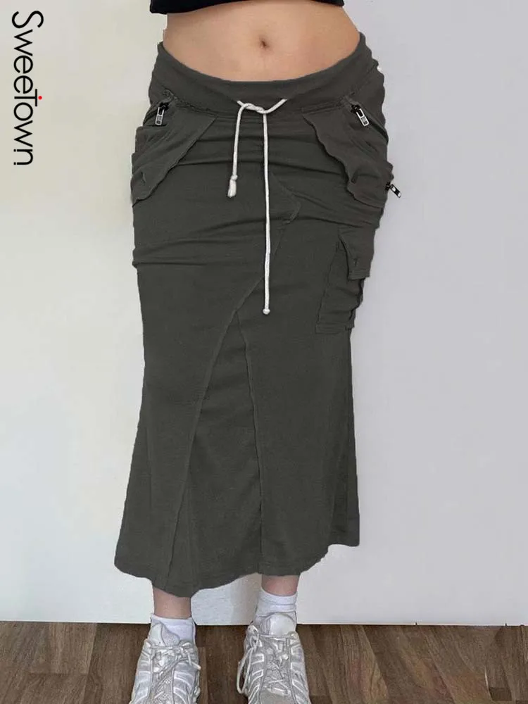 

Винтажная длинная юбка Sweetown в стиле преппи, Женская Асимметричная юбка на завязках с низкой талией и карманами, Y2K