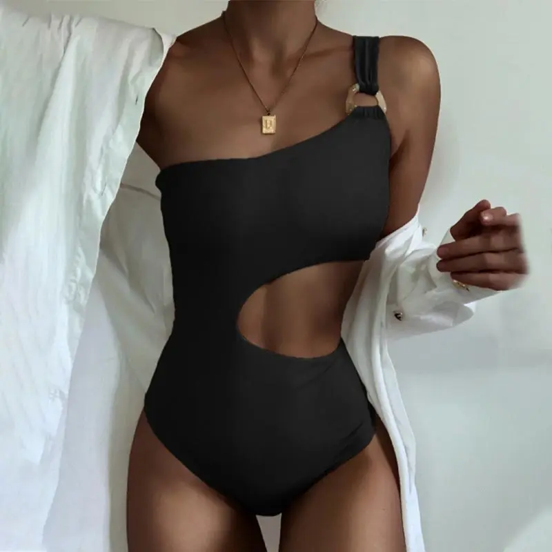 

One Shoulder Swimsuit Women Sexy Hollow Out Swimwear Summer Black Bathing Suits Beach Swim High Waist One Piece Bathing Suit