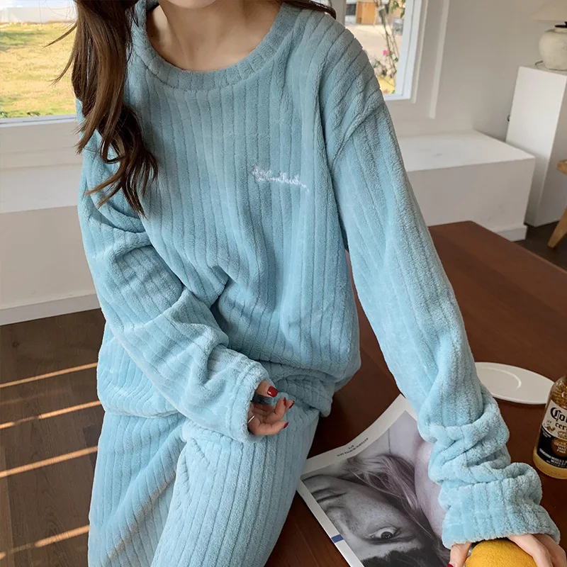Autumn Winter Flannel Women Pyjamas Sets Loose Soft Coral Fleece Pajamas Set Long Sleeve Sleepwear Warm Loungewear 2 Piece Suit