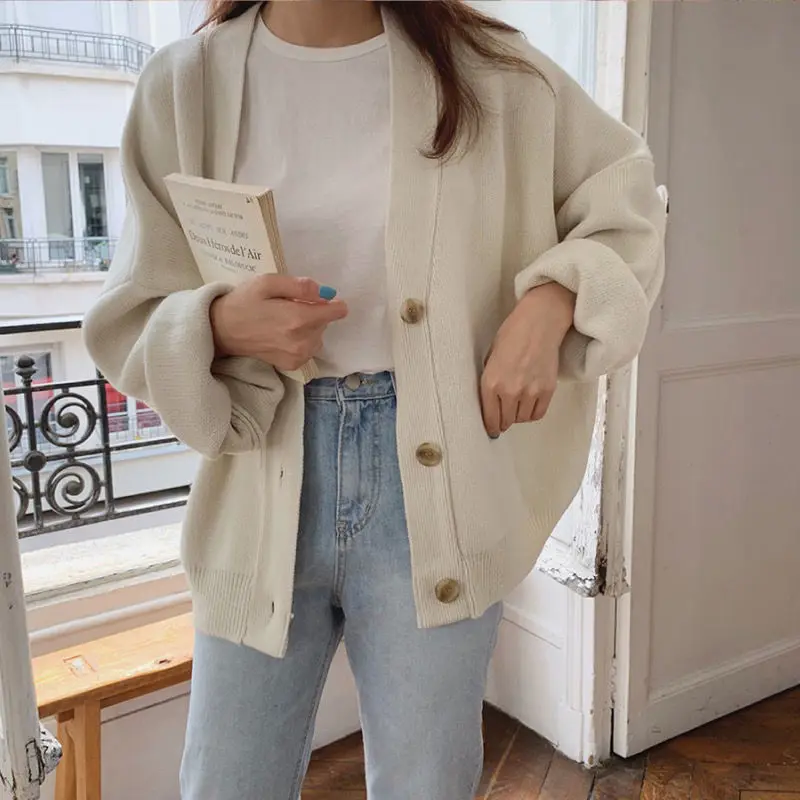 

Knitted Cardigans Women Solid Color V-neck Sweater Spring Autumn 2022 Korean Tops Casual Vintage Warm Single Breasted Coat D86