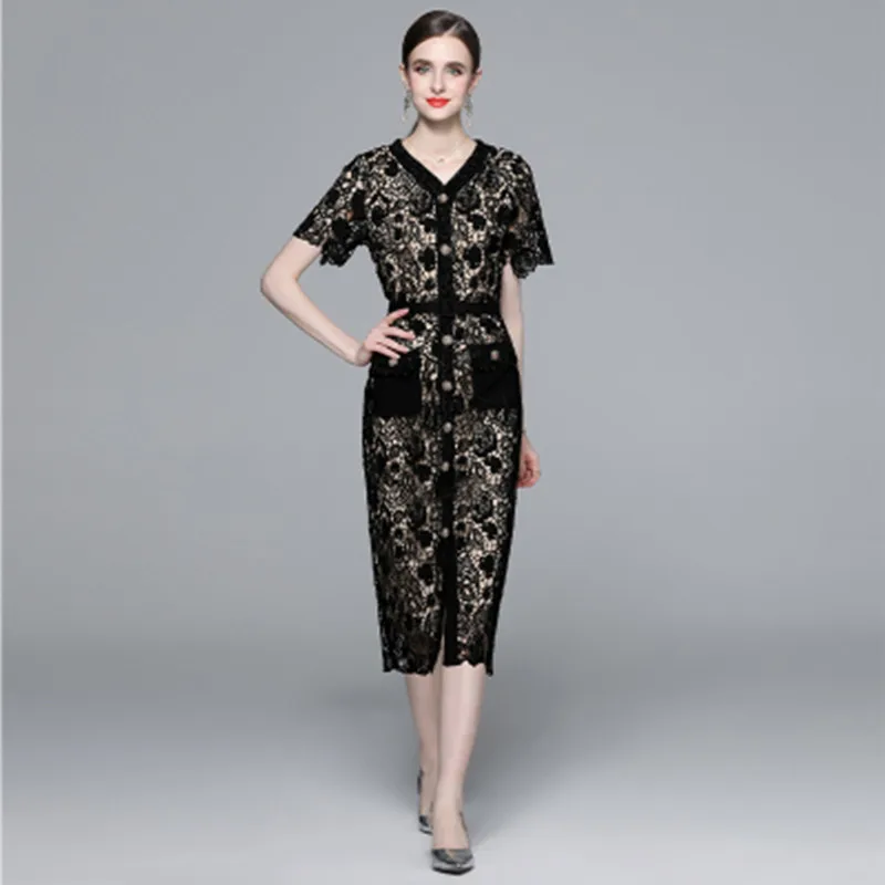 

High End Temperament Black Lace Hollow Out Summer Dresses Women Single-Breasted V Neck Elegant Vestido Dresses