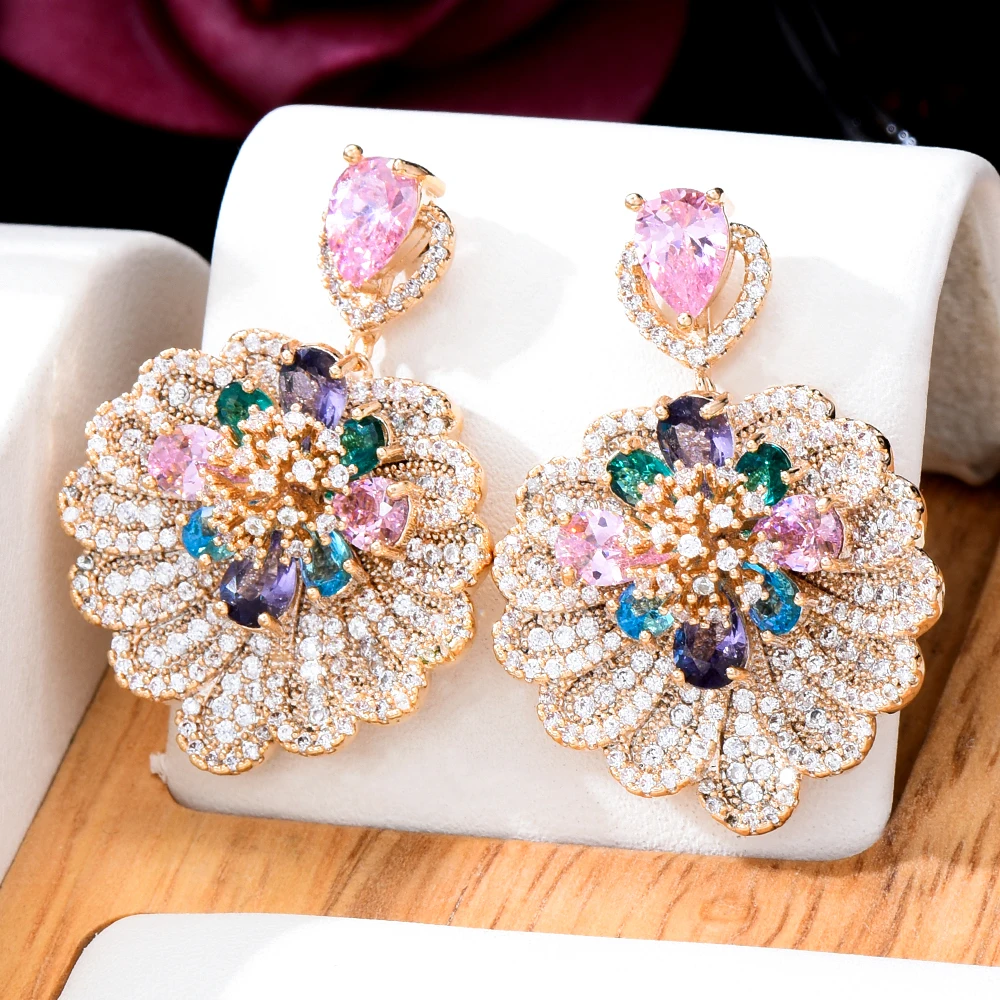 

Siscathy 2022 Elegant Luxury Cubic Zircon Flower Pendant Earrings For Women Party Anniversary Jewelry Valentine's Day Gifts
