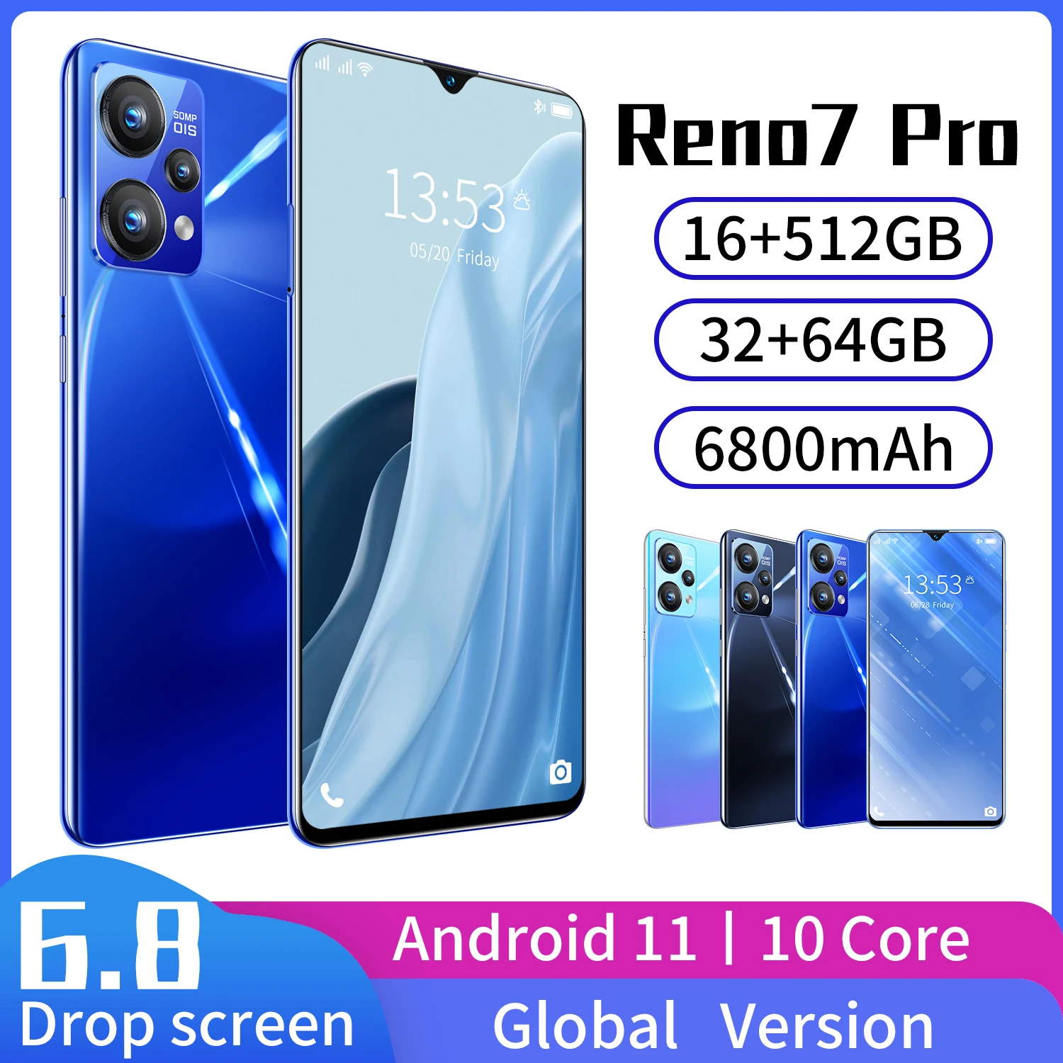 reno7 pro 6 8 inch drop screen 16512gb 3264mp 6800mah android 11 smartphone 10 core mtk6899 fingerprint face id mobile phone free global shipping