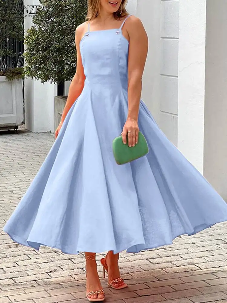 

ZANZEA Elegant Swing A Line Vestidos Party Casual Strap Dresses 2022 Summer Solid Sleeveless Robe Femme Women Holiday Maxi Dress