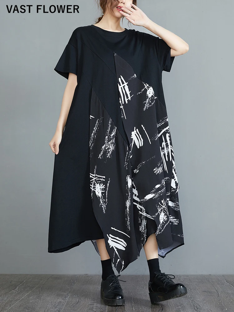 Black Vintage Patchwork Print Dresses For Women New Short Sleeve Loose Casual Long Summer Dress Fashion Elegant Clothing 2022