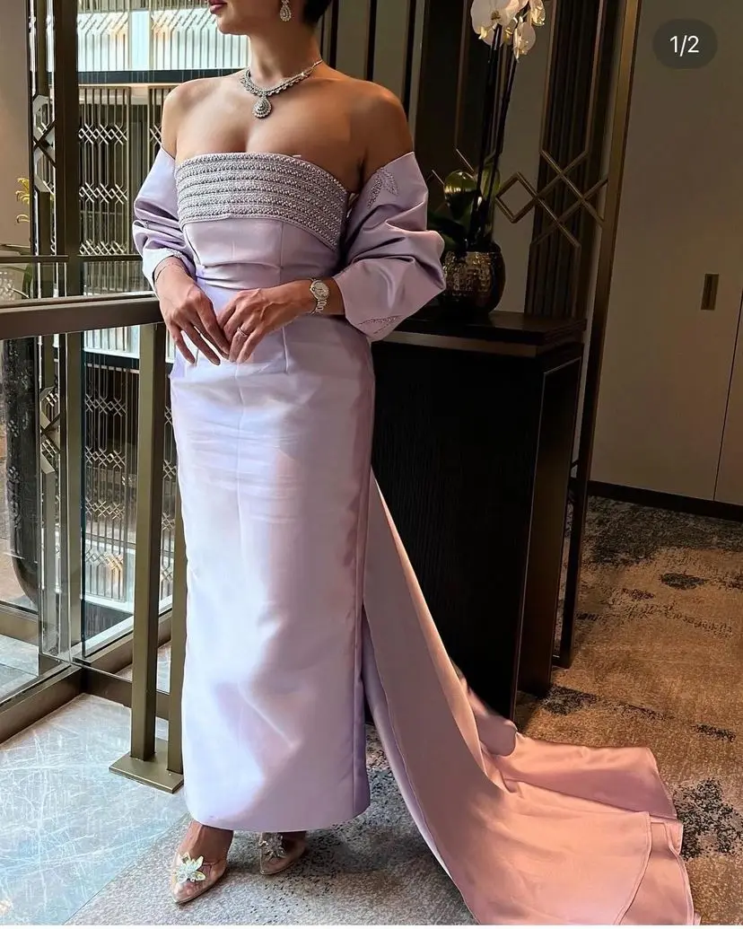 

Lilac Purple Satin Evening Dress Formal Jacket Cloark Puff Sleeves Long Prom Dress For Women Party Gowns Saudi Arabia Vestido