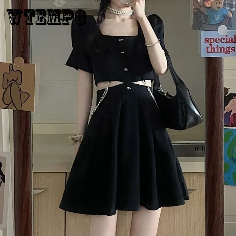 

WTEMPO Square Neck Bubble Sleeve Black Dress with Side Waist Cutout Design French Sexy Fashion Mini Dresses Summer Y2K Clothing