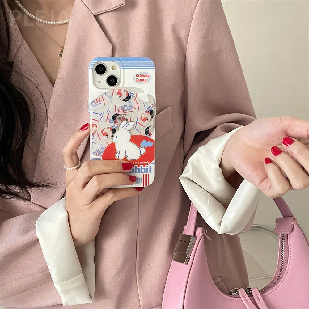 Cute Candy White Rabbit Phone Case with Bracelet For iPhone 14 13 12 Pro Max 11 14 Pro Trendy Double-deck Hard Back Cover Funda images - 6