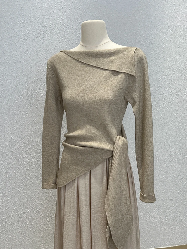 Gentle Sle Sweet Knitted Long sleeves Shirt Women Autumn Fashion Temperament off-Neck Lace-up Bottoming Unique Top