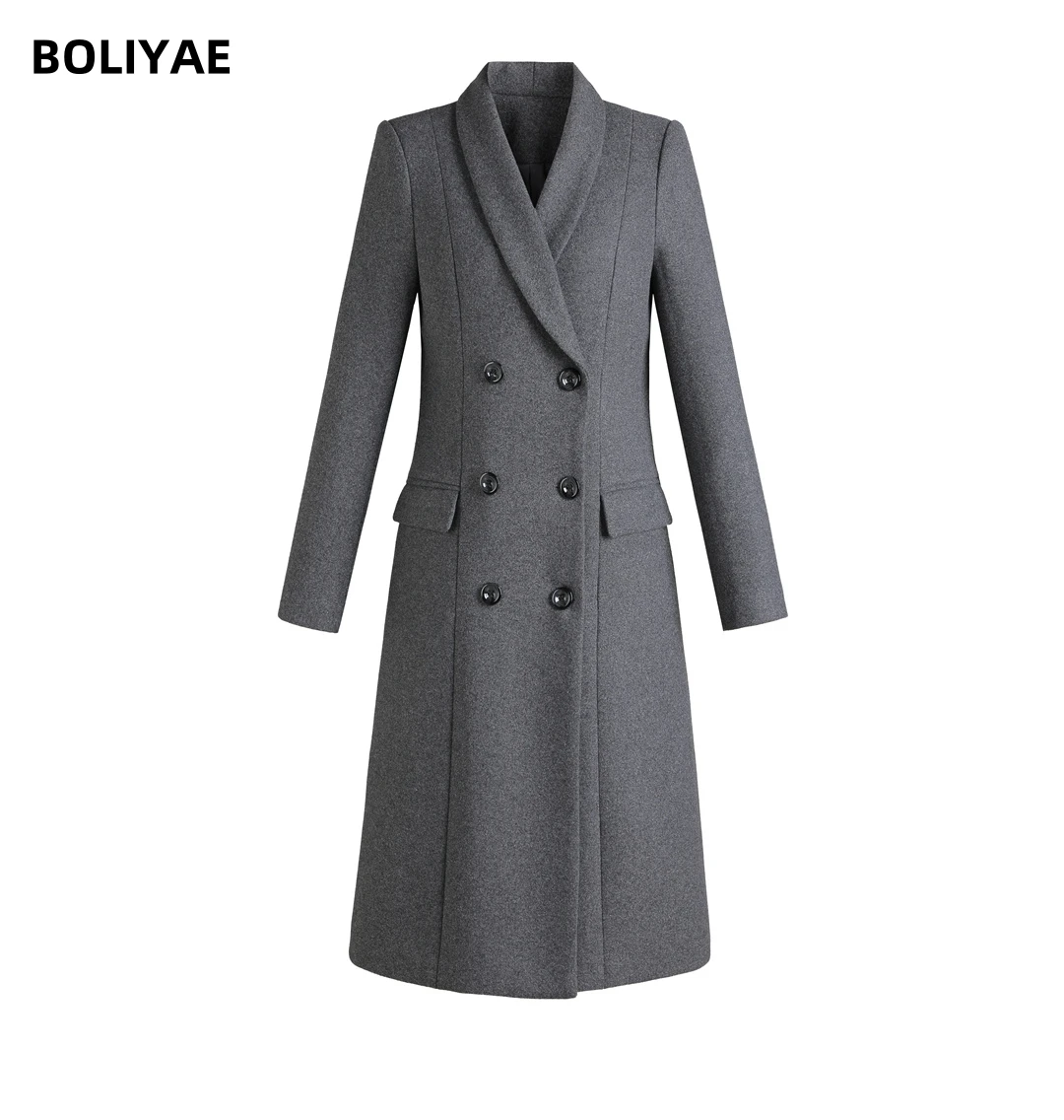 

Boliyae 2023 Winter Temperament Woolen Coats Women Office Lady Double Breasted Elegant Gray Overcoat Wool Blend Long Coat Trench