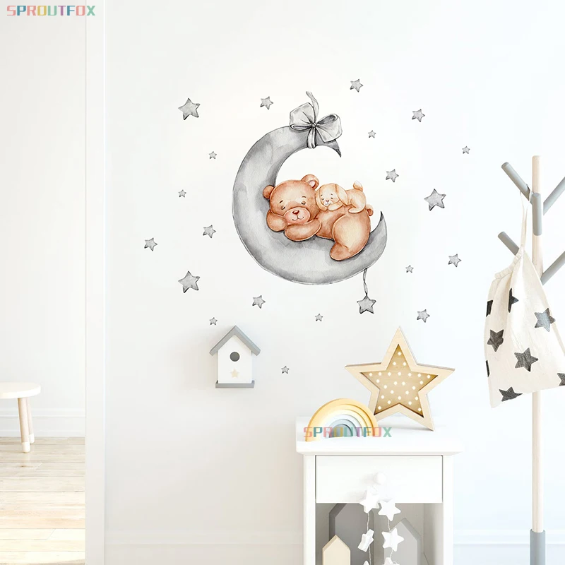 

Cute Bear Puppy Sleeping on the Moon Wall Stickers for Kids Room Animals Decorative Children's Room Wallpaper Stars Wall Decor