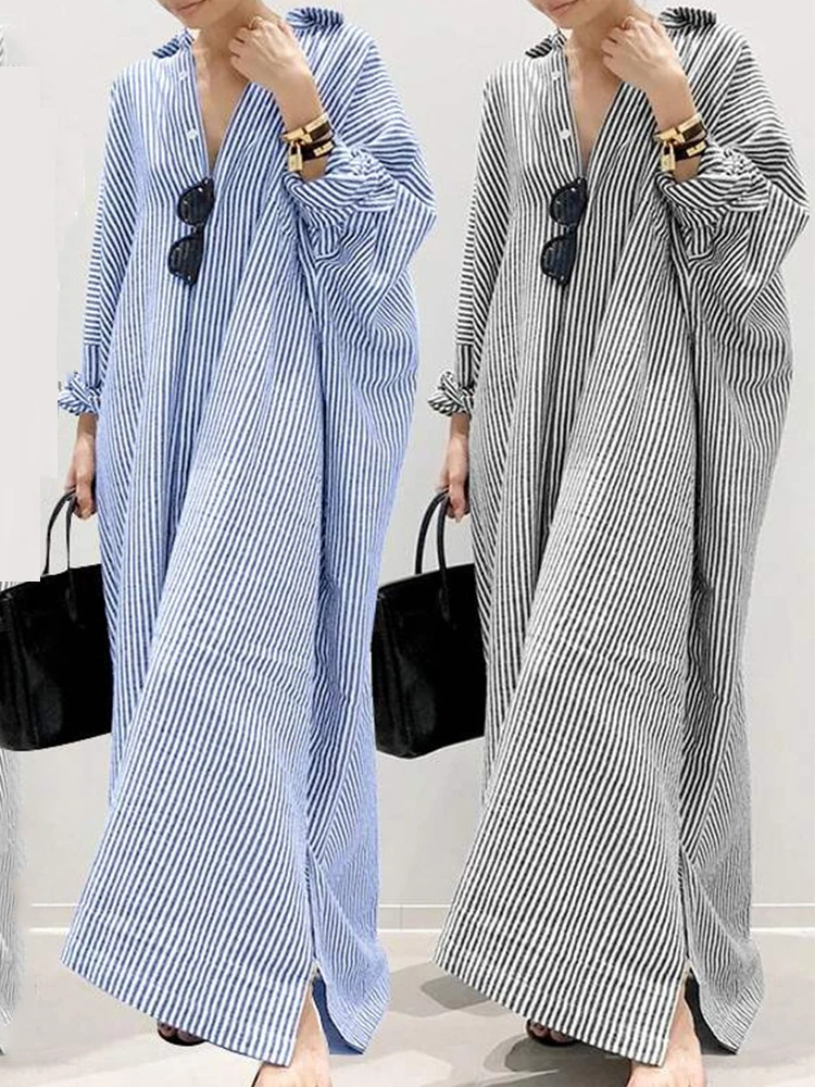

Women's Dress Muslim Stripe Printed Sundress Casual Loose Temperament Commuter Irregular Women's Long Dress Single-breasted 2022