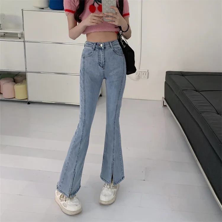N1213 New Fashion High Waist Thin Slim Fit All-match Straight Micro-Flare Pants Jeans
