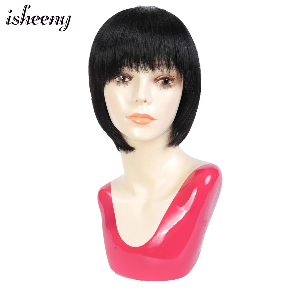 

Isheeny короткие парики из человеческих волос для женщин 100% Натуральные Прямые бразильские волосы Remy парики Pixie Cut парик с литой челкой женский ...