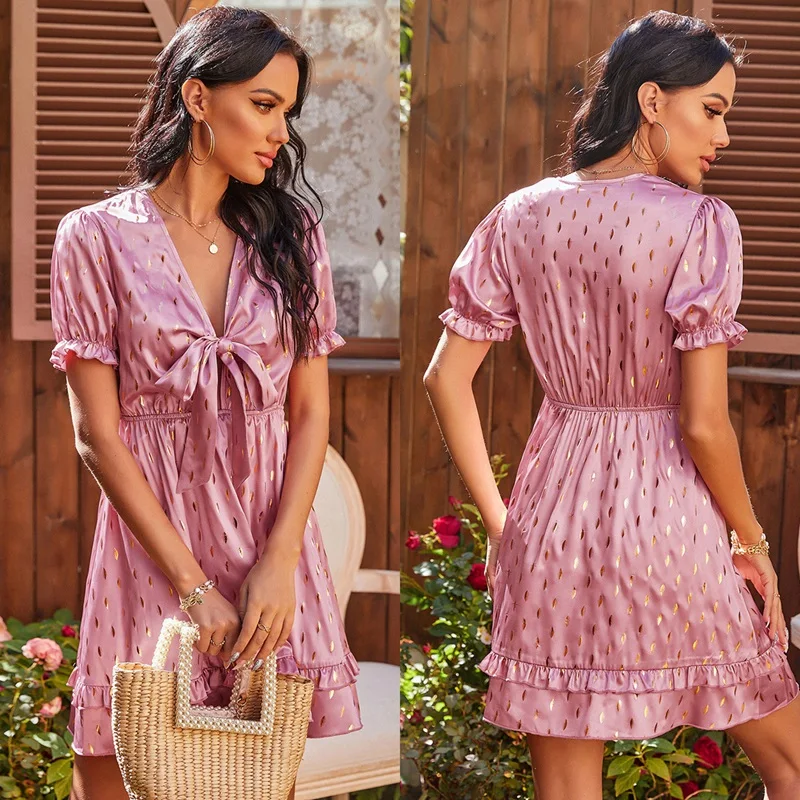 

Women's Dress Ruffle Summer High Waist Dress Retro Ladies Dress Pink