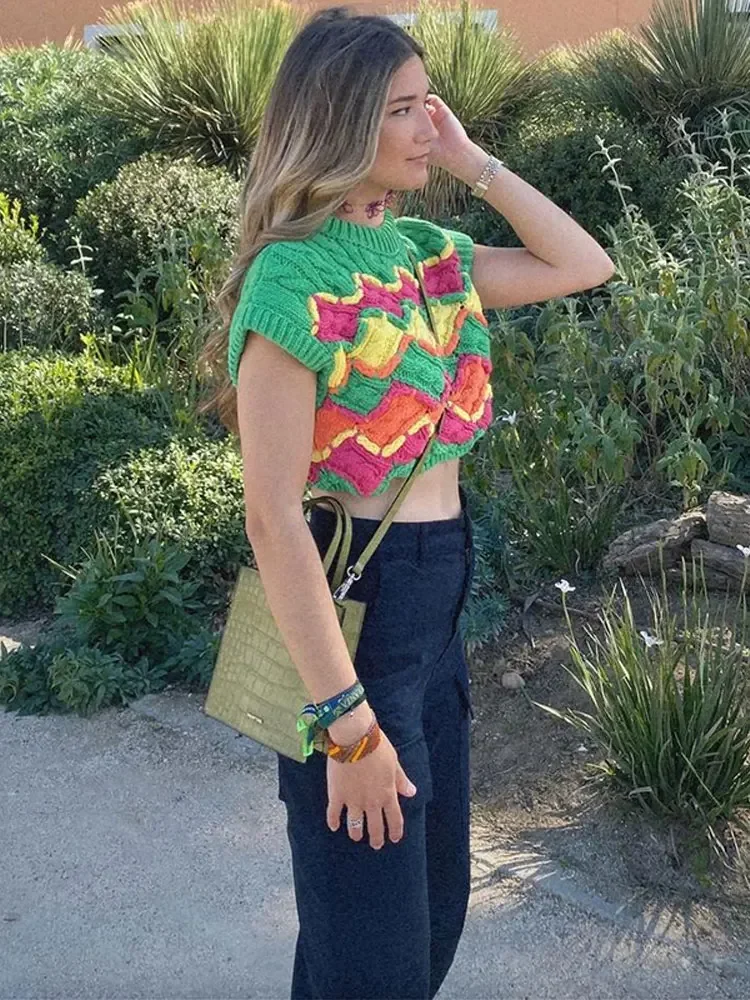 Модный укороченный вязаный свитер жилет женский элегантный пуловер с круглым