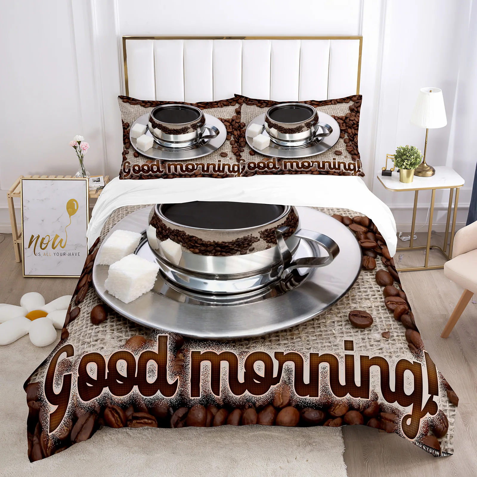 

Good Morning Duvet Cover Set 3D Print Bread Coffee Breakfast Polyester Comforter Cover King Queen Full Size for Teen Bedding