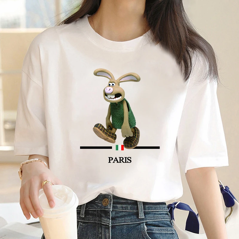 

New Summer Fashion Cute Rabbit Print Luxury Brand Clothing T-Shirt Harajuku 100% Cotton For Women's O-Neck Short Sleeve Top Tees