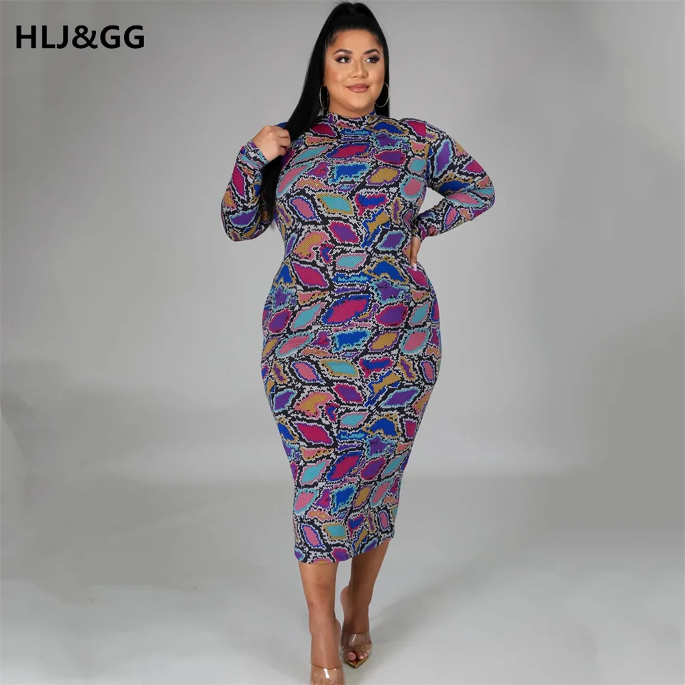 

HLJ&GG Plus Size Two Piece Sets Women Irregular Plaid Print Casual Long Sleeve O-Neck Long Dresses Sexy Package Hip Streetwears