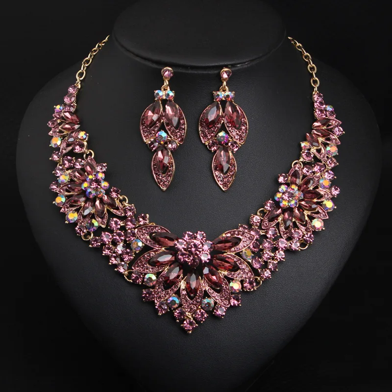 

Sangnuo Elegant Tear Drop Crystal Necklace Earrings Set for Women Purple Flower Bridal Jewelry Set African Dubai Jewellery Sets