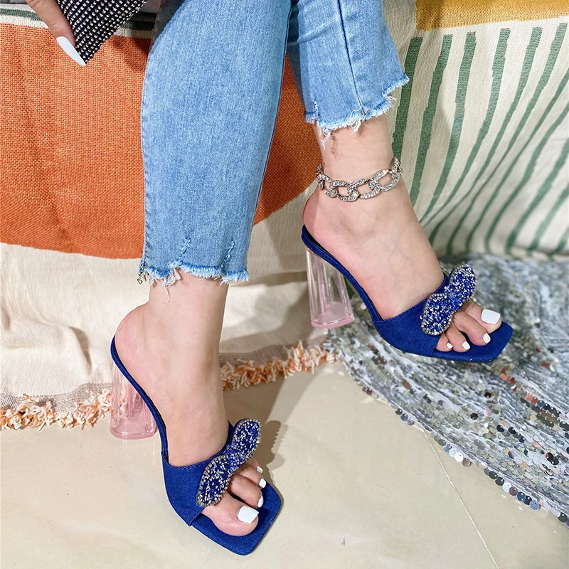 Модные летние джинсовые сандалии Kcenid прозрачные туфли на высоком каблуке со