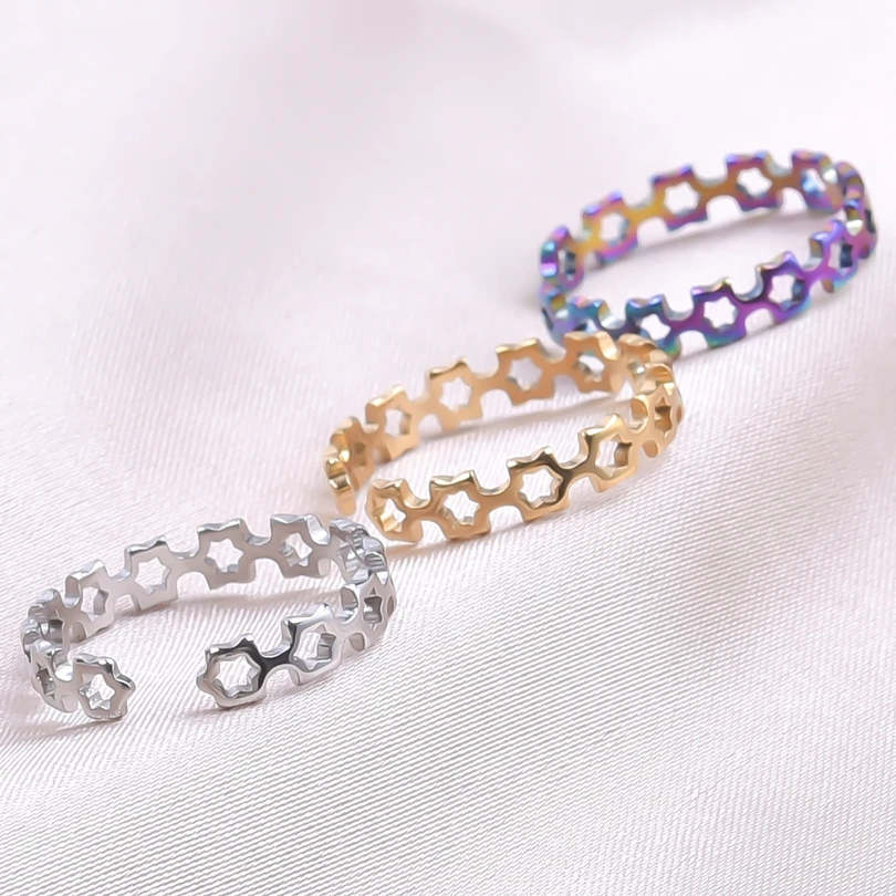 

Kpop Hollow Star Geometry Adjustable Rings For Women Men Accessories Stainless Steel Jewelry Opening Fashion Aesthetics Anillos