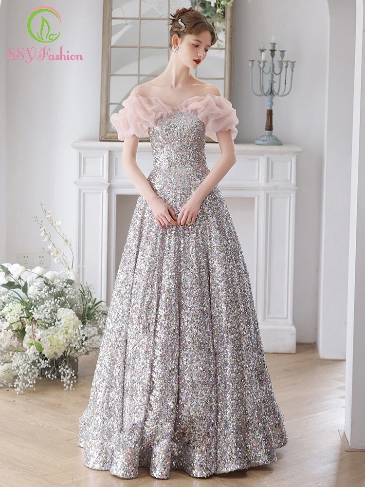 

Женское вечернее платье с блестками SSYFashion, роскошное розовое платье-трапеция с вырезом лодочкой, блестящее бальное платье для вечеринки