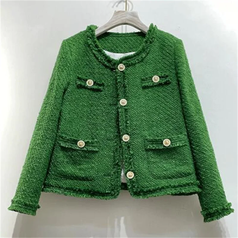 Spring short coat women's jackets autumn tweed french retro temperament woolen clothes green white