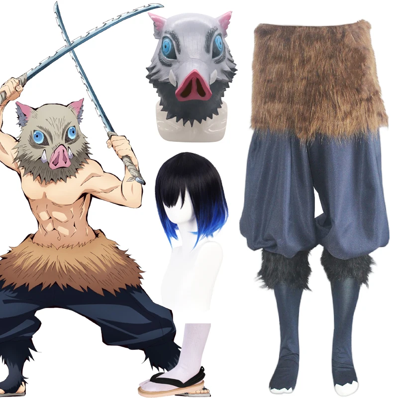 

Inosuke Cosplay Anime Demon Slayer Kimetsu no Yaiba Hashibira Inosuke Cosplay Costume Pig Silicone Mask Black Socks Sandals