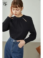 fsle womens tops womens niche round neck hollow shirt early autumn temperament black tops design sense women blouses