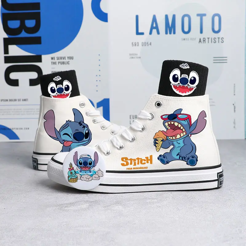 Disney New Real Photos Star Baby Stitch Hand-painted High-top Canvas Student Casual Large Children's Shoes Non-slip Sports Shoes